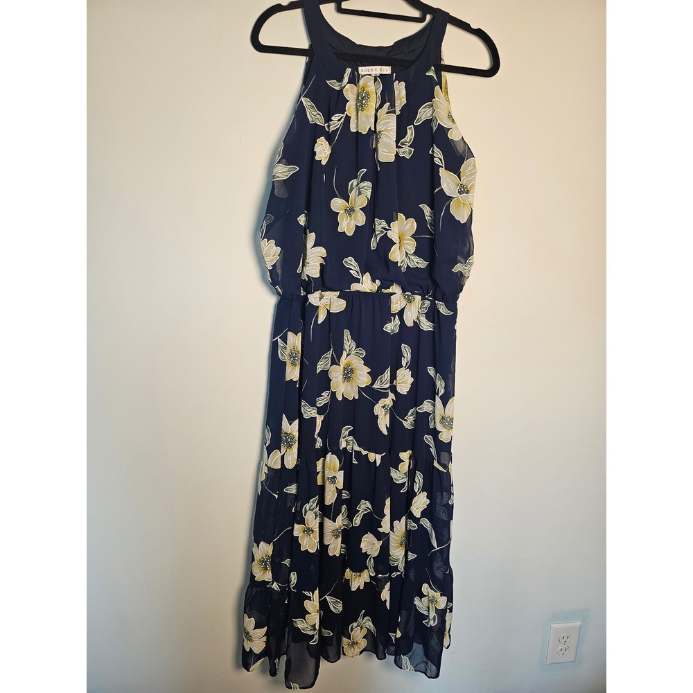 Floral Cottagecore Robbie Bee Halter Midi Dress Womens 18 Navy Tiered Ruffle